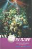 Top three-quarters of the cover is a full-colour photo of a dancing crowd with strobe lights from above, with a purple colour band at the bottom, interrupted with a circular-shaped e-embossed tablet forming part of the title lettering, or the e in rave (the lettering is white, italicized capital letters); the subtitle is smaller, also in white lowercase letterign, on the purple colour band background, with the author's name in bright blue lettering at the bottom of the cover.