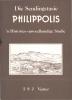 White lettering for main title at the top of the book cover, with the author's name in smaller white lettering at the bottom - all lettering is centred and placed a=on a plain dark brown cover. IN the centre of the cover is a historic pen sketch of a mountain range surrounding the town of Philippolis, with some primitive rural architectural structures and silhouettes of people visible.