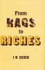 Main words in title, Rags and Riches, are in large capital letters, with  'RAGS' filled with a patchwork design, while the rest of the main title wording and the author's name is in plain dark brown lettering on a plain beige background.